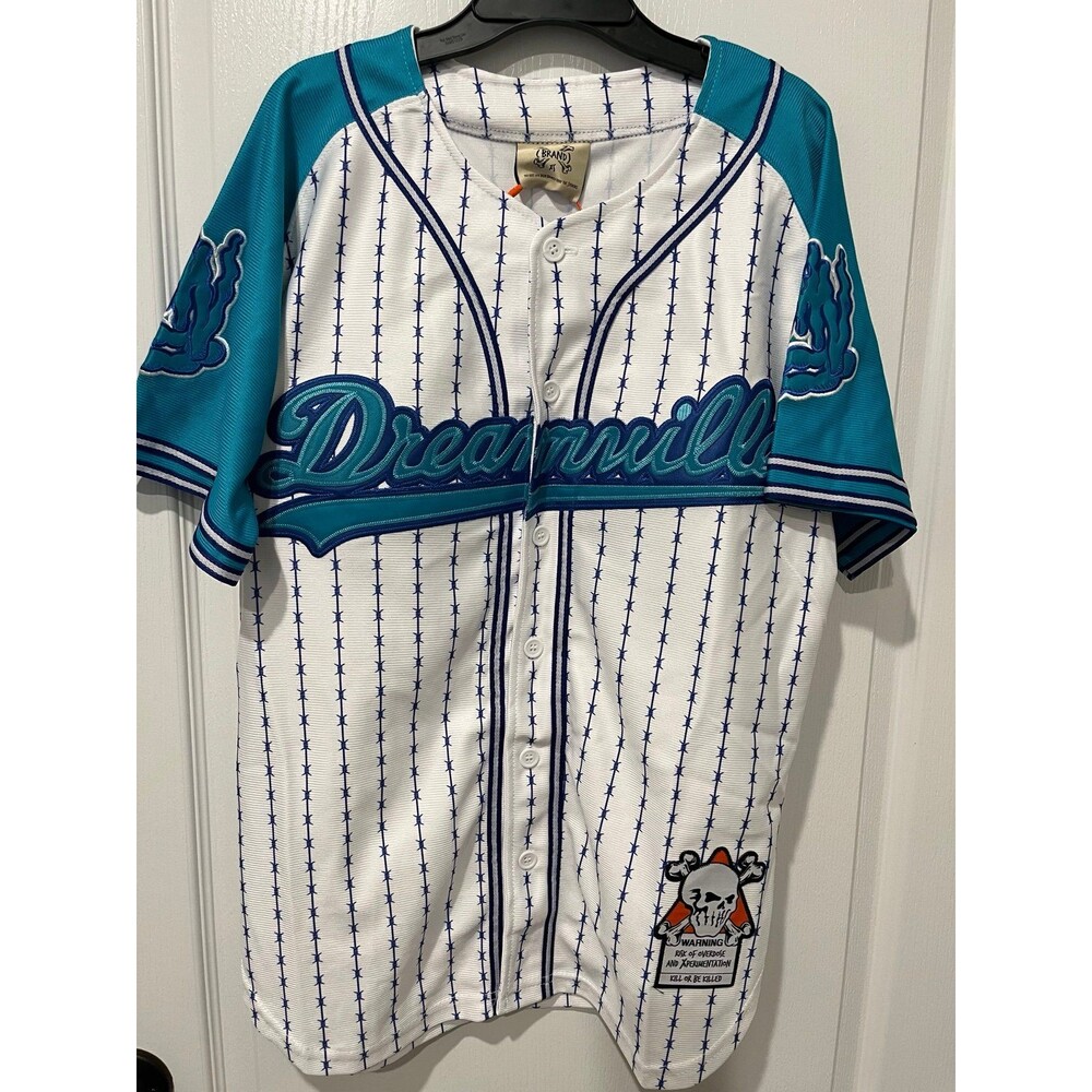 Brand X Dreamville Baseball Jersey White/Teal Skull Graphic XS